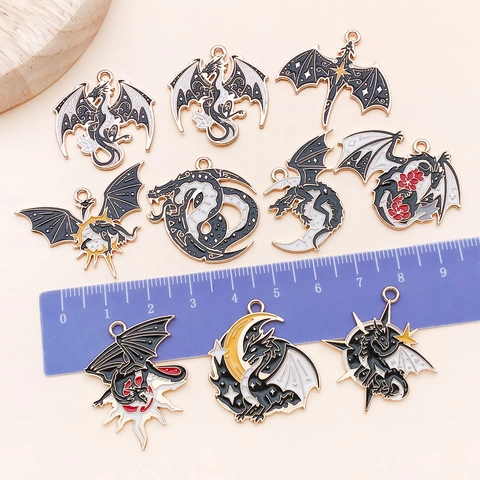 Vintage Zinc Alloy Enamel Dragon Pendants For DIY Jewelry Making Gothic Dark Style Moon Sun Winged Dragon Pendant Charms