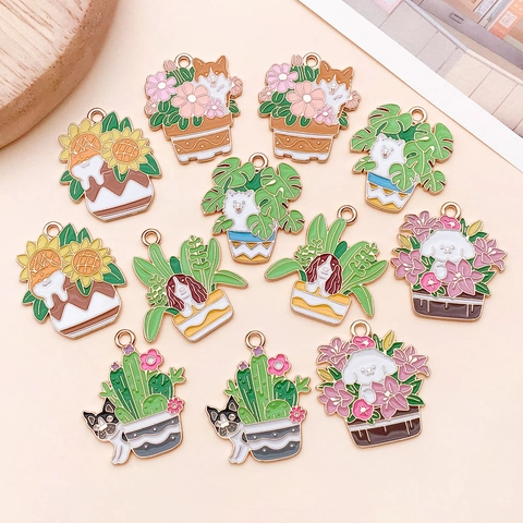 Cartoon Dog Potted Plant Enamel Alloy Charms DIY Jewelry Making Accessories For Earrings Necklaces Keychains Women Gift