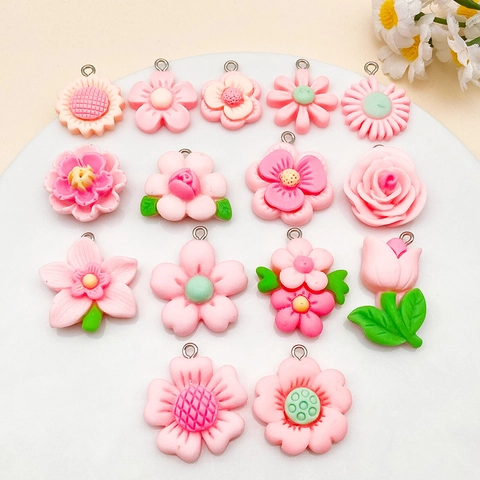 15Pcs Mixed Pink Resin Flower Pendants Rose Tulip Sunflower Daisy For DIY Jewelry Making Crafts Necklace Earrings Accessories