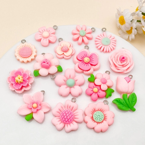 15Pcs Mixed Pink Resin Flower Pendants Rose Tulip Sunflower Daisy For DIY Jewelry Making Crafts Necklace Earrings Accessories