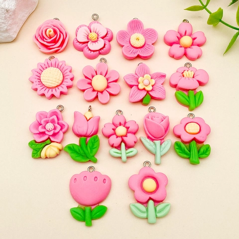 Vintage Rose Red Resin Flower Pendants Rose Tulip Sunflower Camellia Shapes With Metal Hooks For DIY Handmade Jewelry Accessories
