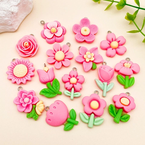 Vintage Rose Red Resin Flower Pendants Rose Tulip Sunflower Camellia Shapes With Metal Hooks For DIY Handmade Jewelry Accessories