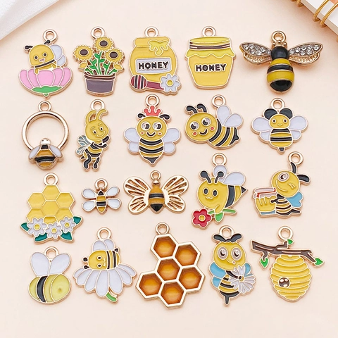 Vintage Cartoon Enamel Bee Honey Jar Flower Zinc Alloy Pendant Charms Set For DIY Jewelry Making Bracelet Necklace Accessories