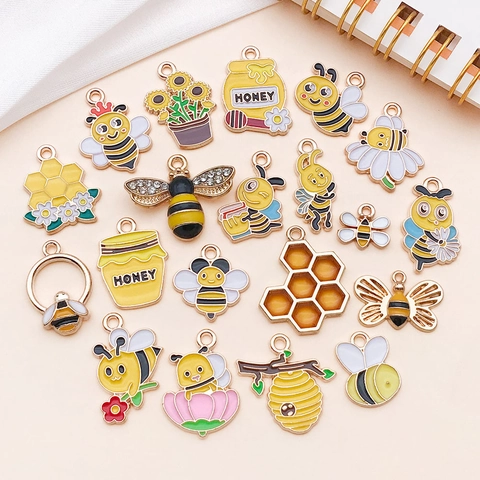 Vintage Cartoon Enamel Bee Honey Jar Flower Zinc Alloy Pendant Charms Set For DIY Jewelry Making Bracelet Necklace Accessories