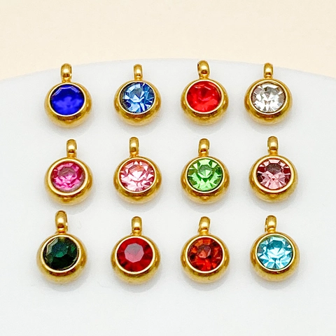 Roestvrij Stalen Geboortesteen Hanger 12 Kleuren Rond 6mm Vacuüm Plating Strass Charms Voor DIY Sieraden Maken Accessoires