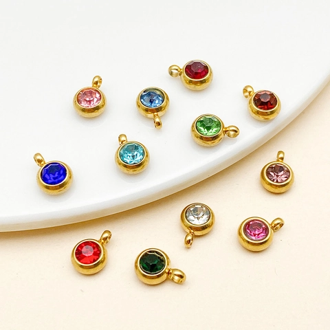 Roestvrij Stalen Geboortesteen Hanger 12 Kleuren Rond 6mm Vacuüm Plating Strass Charms Voor DIY Sieraden Maken Accessoires