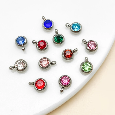 Stainless Steel Round Birthstone Charms Rhinestone Pendants Assorted Colors For DIY Jewelry Making Findings Accessories