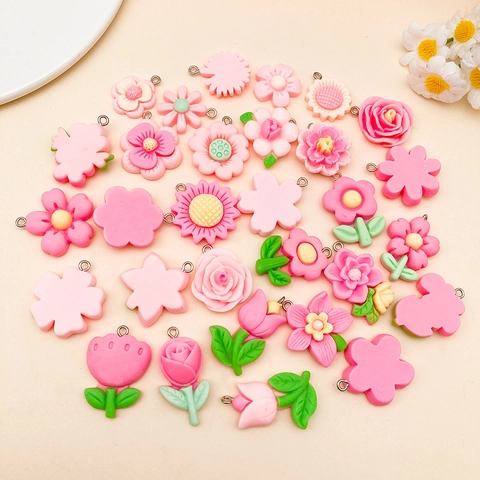 Mixed Resin Flower Pendants Rose Sunflower Tulip Cherry Blossom Charms With Metal Loop For DIY Necklace Jewelry Accessories
