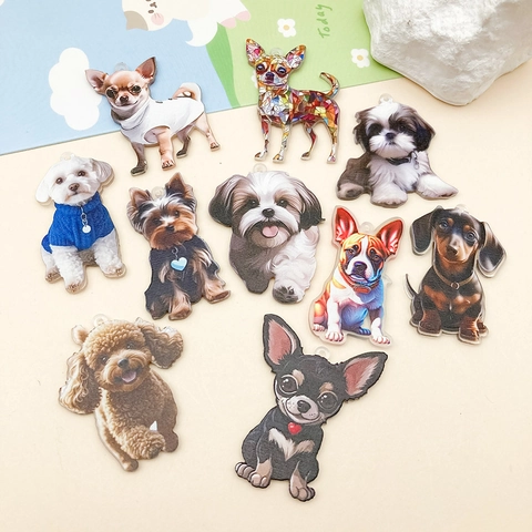 Cute Acrylic Cartoon Dog Pendants DIY Jewelry Making Accessories Printed Animal Puppy Charms For Keychain Backpack Decoration