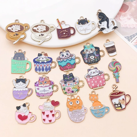 Alloy Cat Coffee Cup Enamel Pendants Cute Cartoon Animal Food Charms For DIY Jewelry Making Keychain Earring Necklace Accessory