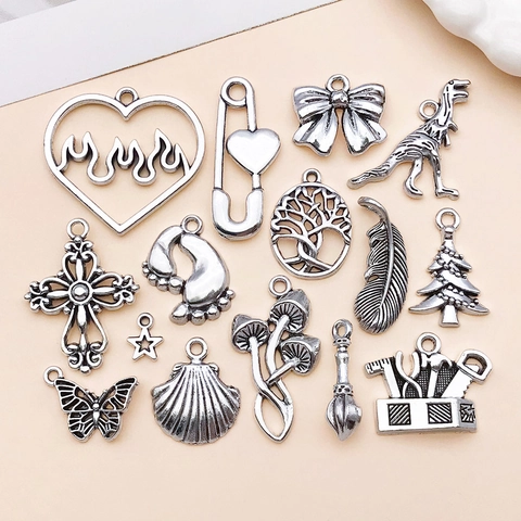 15pcs Vintage Antique Silver Zinc Alloy Mixed Pendant Set DIY Jewelry Making Charms Butterfly Feather Heart Mushroom Cross Tree Of Life Tools