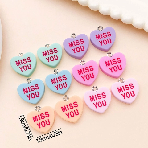 Resin Heart Charms Miss You Love Letters Macaron Colors DIY Pendants For Bracelet Necklace Jewelry Making Accessory Crafts