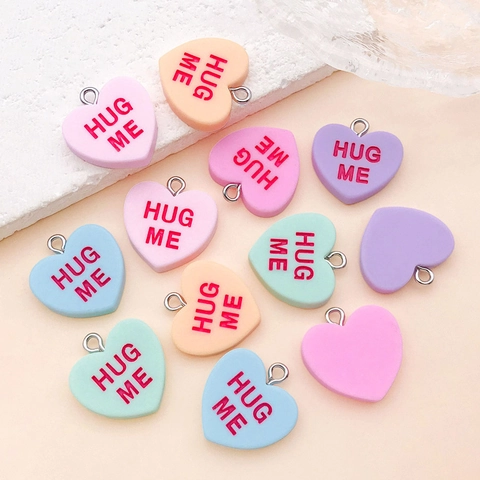 Resin Heart Charms For DIY Jewelry Making Colorful Conversation Hearts Pendants With Letter Hug Me Love Miss You For Keychain Bracelet Valentine Gift