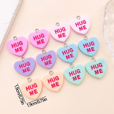 Resin Heart Charms For DIY Jewelry Making Colorful Conversation Hearts Pendants With Letter Hug Me Love Miss You For Keychain Bracelet Valentine Gift