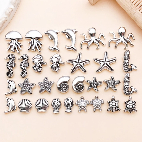 Vintage Zinc Alloy Ocean Sea Animal Charms Antique Silver Seahorse Mermaid Starfish Turtle Pendants For DIY Jewelry Making