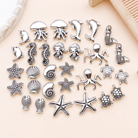 Vintage Zinc Alloy Ocean Sea Animal Charms Antique Silver Seahorse Mermaid Starfish Turtle Pendants For DIY Jewelry Making