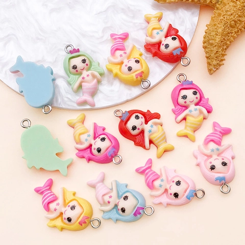 Cartoon Mermaid Resin Pendants With Metal Ring For DIY Jewelry Making Scrapbooking Accessories Retro Style Princess Charms