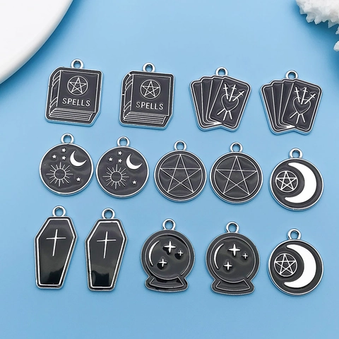 Gothic Enamel Zinc Alloy Tarot Pendants For DIY Jewelry Making Pentagram Moon Star Spell Book Coffin Charms Accessories