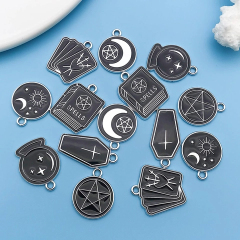 Gothic Enamel Zinc Alloy Tarot Pendants For DIY Jewelry Making Pentagram Moon Star Spell Book Coffin Charms Accessories