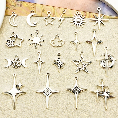Antique Silver Alloy Sun Moon Star Lightning Cloud Hollow Charms DIY Pendants For Jewelry Making Necklace Bracelet Finding