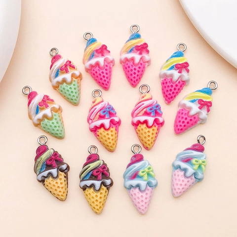 Simulation Resin Ice Cream Cone Pendants With Bowknot Metal Loop For DIY Keychain Jewelry Making Accessories For Women Kids
