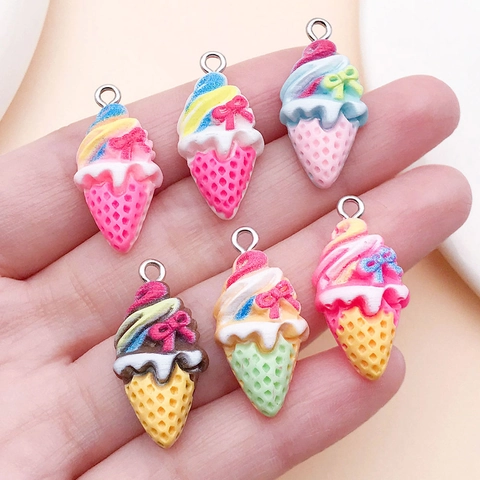 Simulation Resin Ice Cream Cone Pendants With Bowknot Metal Loop For DIY Keychain Jewelry Making Accessories For Women Kids