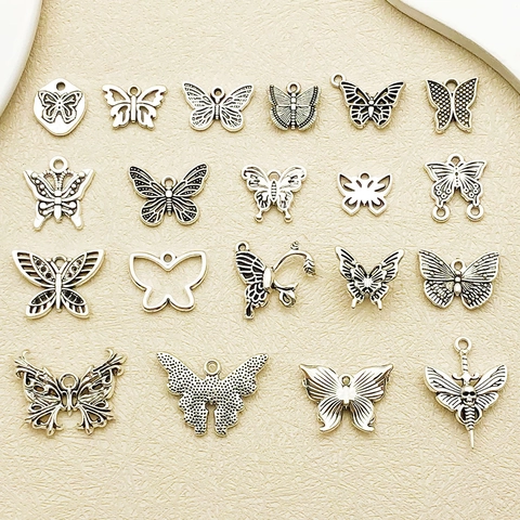 Collection de Pendentifs en Alliage de Papillon Argent Antique pour la Fabrication de Bijoux DIY Colliers Bracelets Porte-clés Breloques d'insectes Rétro