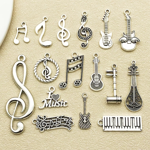 Antique Silver Zinc Alloy Musical Note Instrument Pendants For DIY Jewelry Making Music Theme Guitar Piano Erhu Charm