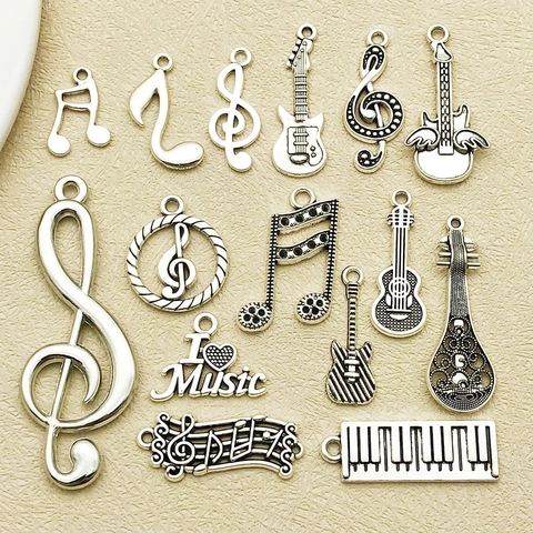 Antique Silver Zinc Alloy Musical Note Instrument Pendants For DIY Jewelry Making Music Theme Guitar Piano Erhu Charm