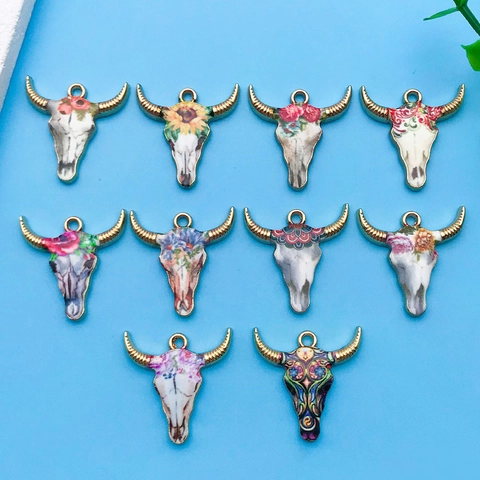 Vintage Zinc Alloy Bull Head Skull Pendants Enamel Floral Printed Charms For DIY Necklace Bracelet Jewelry Making Bohemian Accessories