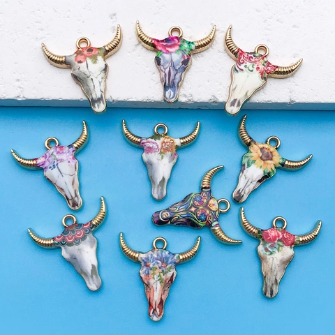 Vintage Zinc Alloy Bull Head Skull Pendants Enamel Floral Printed Charms For DIY Necklace Bracelet Jewelry Making Bohemian Accessories
