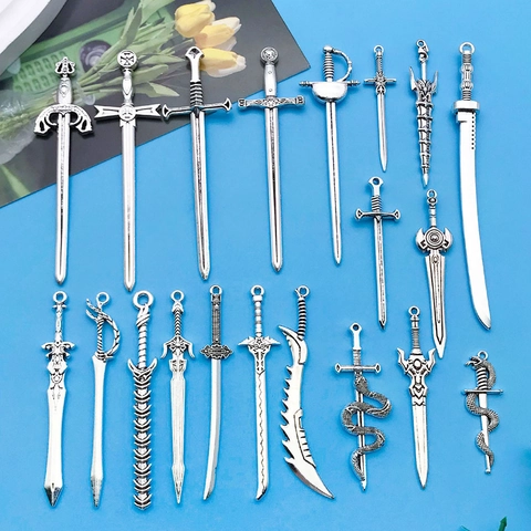 Vintage Antique Silver Miniature Sword Pendants Zinc Alloy Medieval Knight Dagger Charms DIY Jewelry Making Accessories Fantasy Weapon Bookmarks