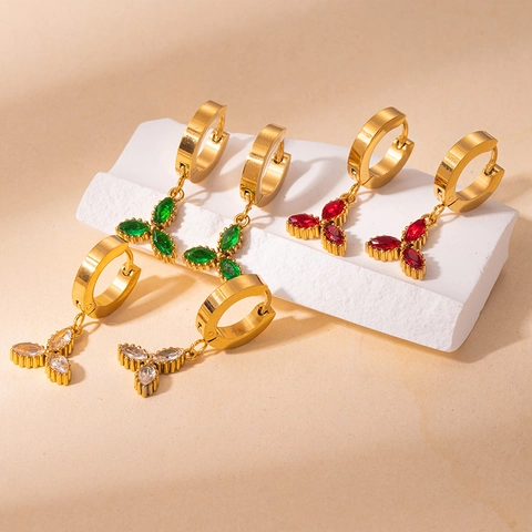 Fashion Titanium Steel 18K Gold Plated Clover Heart Stud Earrings Rhinestone Inlaid Geometric Jewelry For Women Gift