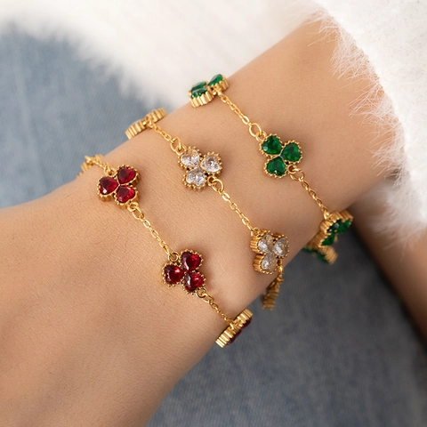 Fashion Stainless Steel Jewelry Set Zirconia Three-Leaf Clover Bracelet Hoop Earrings For Women Gold Plated Flower Heart Jewelry