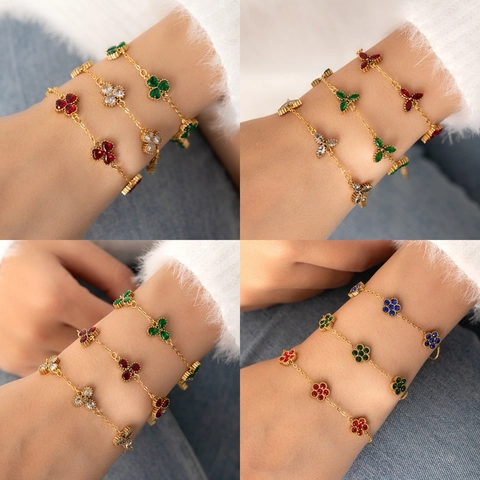 Titanium Steel Zirconia Flower Bracelet For Women Fashion Gold Plated Adjustable Clover Leaf Charm Jewelry Gift Accessory