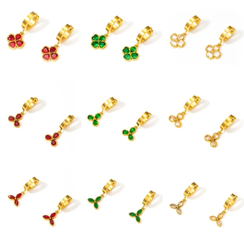 Fashion Titanium Steel 18K Gold Plated Clover Heart Stud Earrings Rhinestone Inlaid Geometric Jewelry For Women Gift