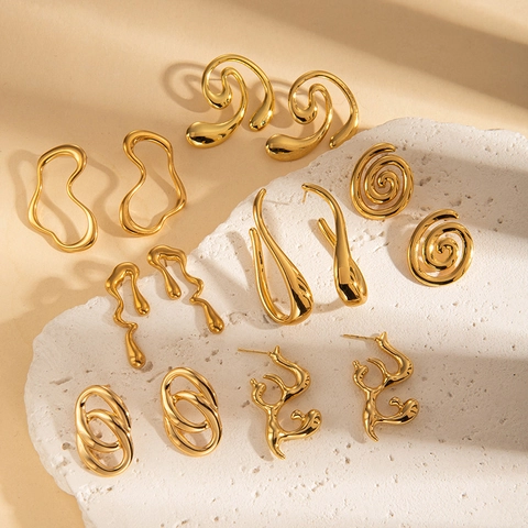 Vergoldete Edelstahl Geometrische Ohrstecker Unregelmäßige Lava Schmelzmetall Spiral Schmuck Für Damen Täglich Mode