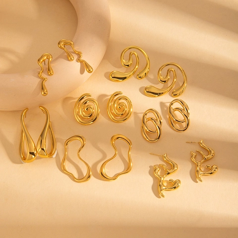 Französische Retro Edelstahl Stecker Für Damen Goldbeschichtet Geometrisch Unregelmäßig Flüssiges Lava Abstrakt Schmuck Zubehör