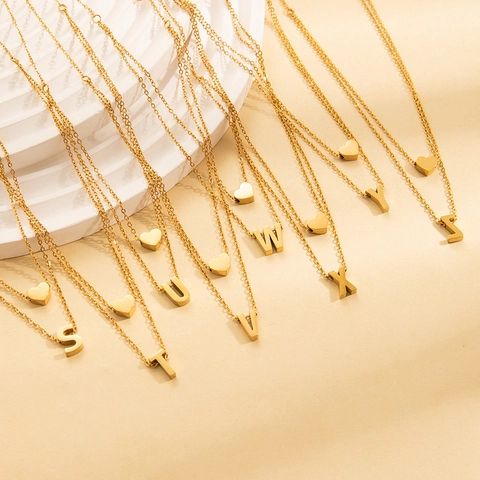 18K Gold Plated Stainless Steel Double Layer Heart Alphabet Necklace For Women Minimalist Clavicle Chain Jewelry Pendant