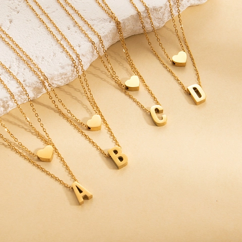 Gold Titanium Steel Double Layer Necklace Minimalist Heart Alphabet Pendant Double Chain Commuting Jewelry For Women