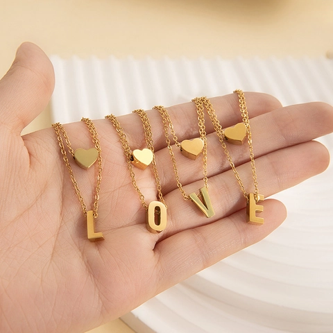 18K Gold Plated Stainless Steel Double Layer Heart Alphabet Necklace For Women Minimalist Clavicle Chain Jewelry Pendant