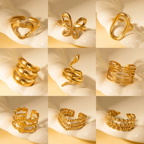 Vintage French Titanium Steel Gold Plated Adjustable Ring For Women Men Minimalist Snake Heart Butterfly Geometric Ring