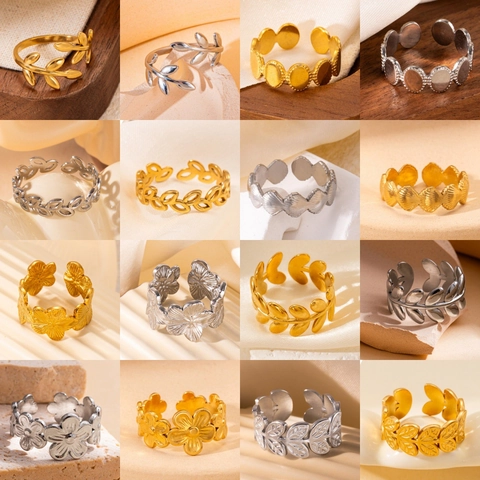 Anillos Abiertos De Acero Inoxidable Para Mujeres Hombres Bañados En Oro 18K Minimalista Hoja Flor Pluma Geométrico Ajustable Joyería