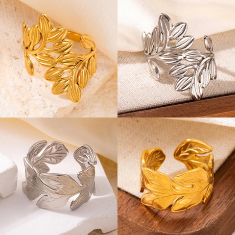 Anillos Abiertos De Acero Inoxidable Para Mujeres Hombres Bañados En Oro 18K Minimalista Hoja Flor Pluma Geométrico Ajustable Joyería
