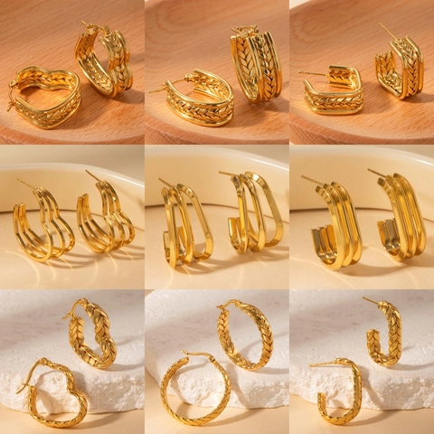 Vintage 18K Gold Plated Stainless Steel Twisted Hoop Earrings For Women Geometric Heart Circle French Earring Jewelry