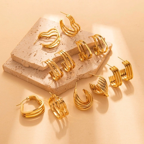 Vintage 18K Gold Plated Stainless Steel Twisted Hoop Earrings For Women Geometric Heart Circle French Earring Jewelry