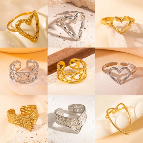 Minimalist Titanium Steel Heart Adjustable Ring For Women Gold Silver Plated Hollow Out Hammered Ring Fashion Jewelry
