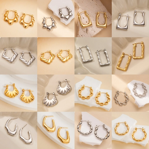 Orecchini a Cerchio Minimalisti in Acciaio Inossidabile per Donna Vintage Geometrici Placcati Oro Argento C-Shape Giunto di Bambù Gioielli