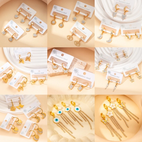 Edelstahl Gold Hängeohrringe Creolen Für Damen Luxus Strass Schmetterling Herz Böser Blick Mond Quaste Mode Schmuck