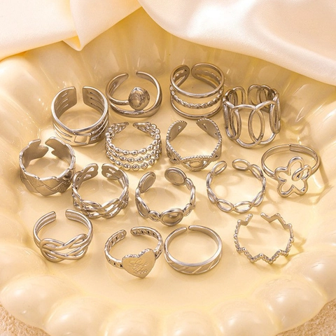 Vintage Titanium Steel Open Ring For Women Minimalist Hollow Flower Heart Geometric Adjustable Fashion Finger Jewelry